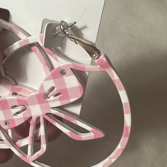 Betsy Johnson Pink & White Gingham Bow Delicate Rhinestones Hoop Earring NWT - Picture 6 of 10